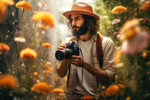 A man with a beard photographs flowers with a camera in the forest. High quality photo
