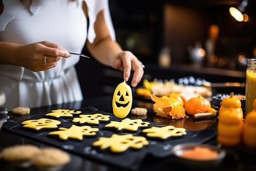 A woman bakes handmade cookies for Halloween. High quality photo