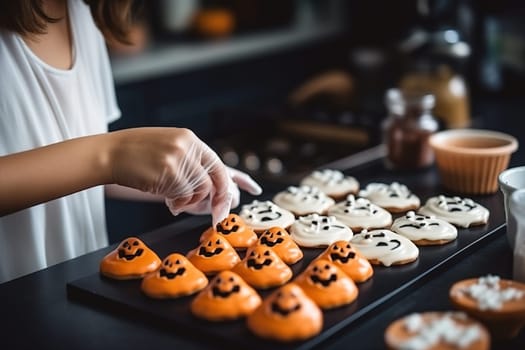 A woman bakes handmade cookies for Halloween. High quality photo