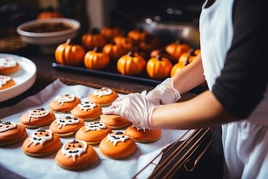 A woman bakes handmade cookies for Halloween. High quality photo
