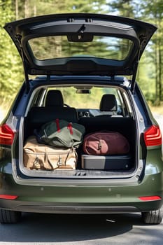 The trunk of a car full of suitcases and things. Travel by car. High quality photo