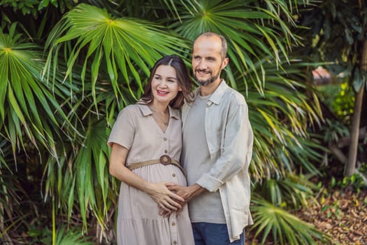 A blissful scene in the park as a radiant pregnant woman after 40 and her loving husband after 40, cherish the joy of parenthood together, surrounded by nature's serenity.