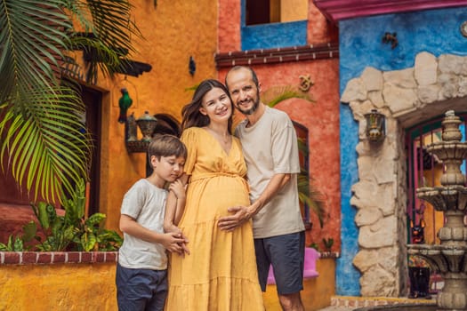 A loving couple in their 40s and their teenage son cherishing the miracle of childbirth in Mexico, embracing the journey of parenthood with joy and anticipation.