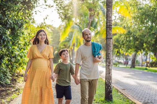 A loving family enjoying a leisurely walk in the park - a radiant pregnant woman after 40, embraced by her husband, and accompanied by their adult teenage son, savoring precious moments together amidst nature's beauty. Pregnancy after 40 concept.