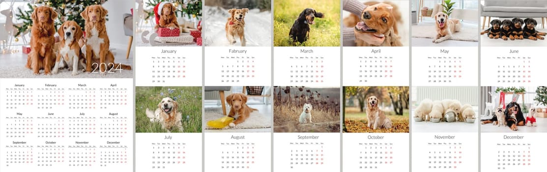 2024 year Photo calendar with cute dogs. Annual daily planner template with doggy pets. The week starts on Monday