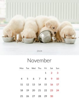 November 2024 year Photo calendar with cute dogs. Annual daily planner template with doggy pets. The week starts on Monday