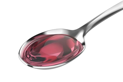 Pink cough syrup in silver spoon on white background