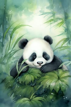 an illustration of a panda in leafy green forest - AI generative