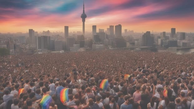 crowded lgbt community and activists celebrate gay pride parade, rainbow colours, big city ai genrative art illustration