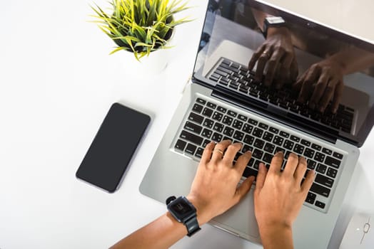 Typing keyboard. Female person text message for new project she remote work on computer, Closeup Hands of business woman over laptop keypad during working at desk, teen chat online with friend