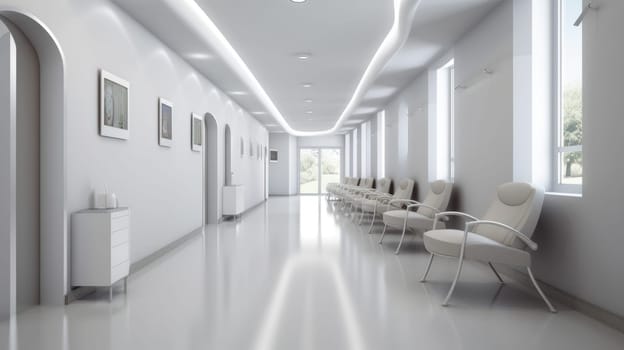 Hospital corridor with windows and white chairs, in the style of bokeh, light gray, bauhaus, light white, skillful. Generative AI image weber.