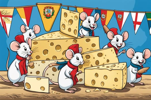 mice eating cheese in a party comic illustration allegory with blue background and flags