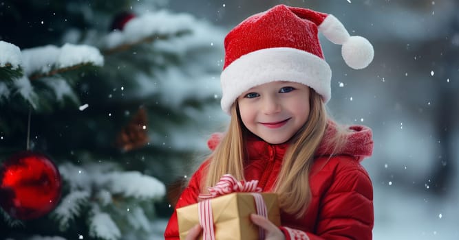 Pretty smiling girl, child in red jacket and hat holding Christmas gifts while standing against background of decorated Christmas tree outdoors on snowy day of winter holidays..