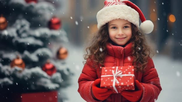 Pretty smiling girl, child in red jacket and hat holding Christmas gifts while standing against background of decorated Christmas tree outdoors on snowy day of winter holidays.