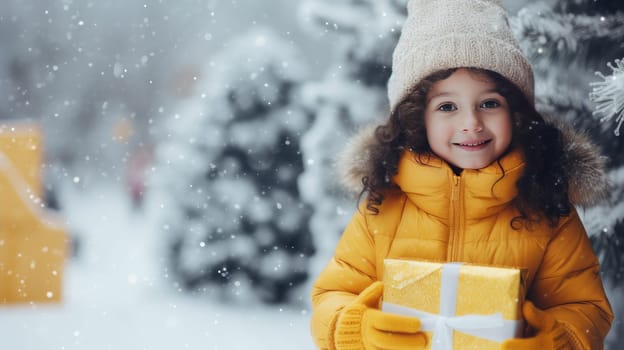 Pretty smiling girl holding Christmas gifts while standing against background of decorated Christmas tree outdoors wearing yellow outerwear on snowy winter holiday day.