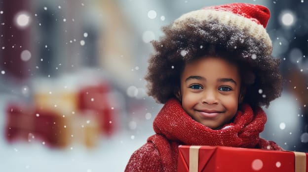 Pretty smiling African American girl, child in red jacket and hat holding Christmas gifts while standing against background of decorated Christmas tree outdoors on snowy day of winter holidays.