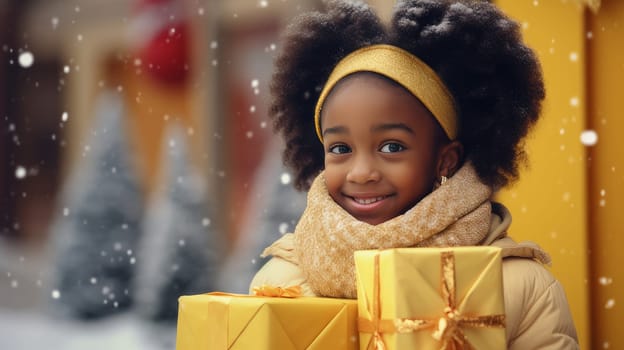 Pretty smiling African American girl, child in yellow jacket and hat holding Christmas gifts while standing against background of decorated Christmas tree outdoors.