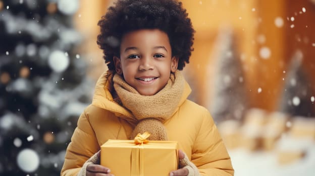 Pretty smiling african american child in yellow jacket and hat holding christmas gifts while standing against background of decorated christmas tree outdoors.