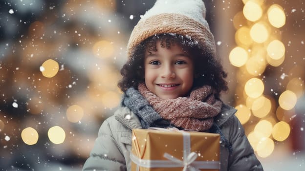 Cute African American child wearing a jacket and hat holding Christmas gifts while standing against the background of a decorated Christmas tree outdoors.