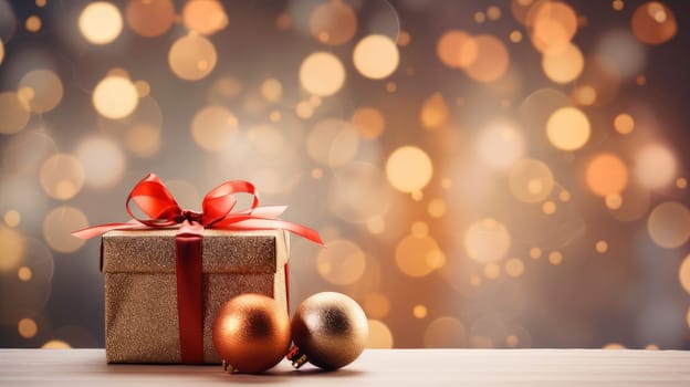 Wrapped gift with balls on festive Christmas gold bokeh background with copy space.