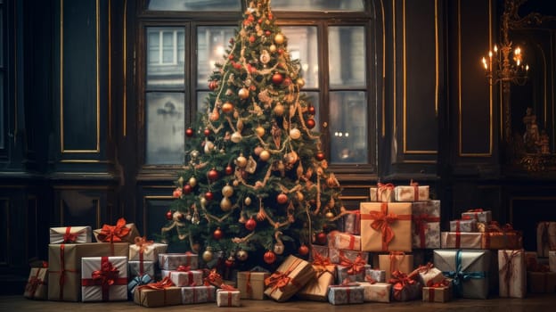 Interior of a living room in a house with a large Christmas tree and a bunch of gifts for the New Year