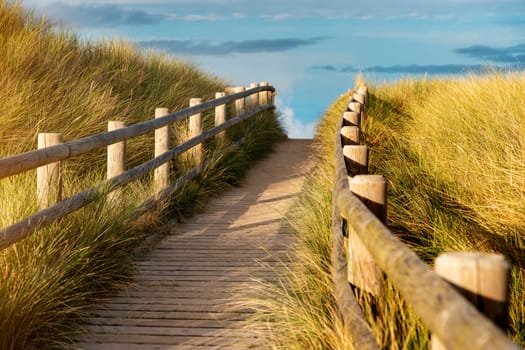 Beautiful view of dunes and sandy walkway to the beach in Wales UK