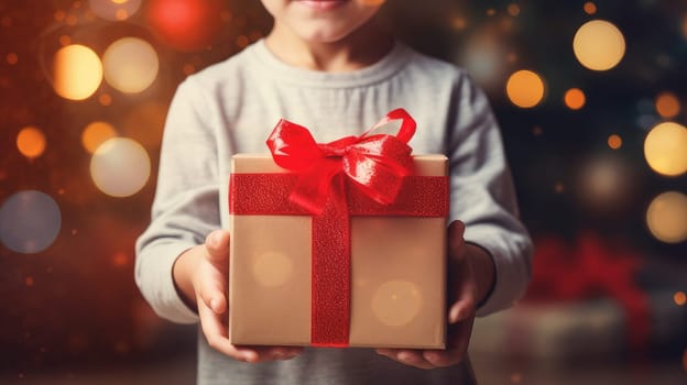 Little cute child holding gift box with red ribbon and giving gifts at holiday event, new year and christmas.