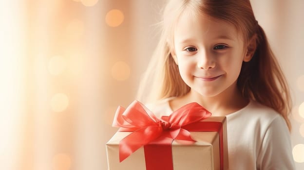 Little cute child holding gift box with red ribbon and giving gifts at holiday event, new year and christmas.