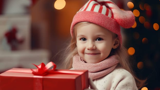 Little cute child holding gift box with red ribbon and giving gifts at holiday event, new year and christmas.