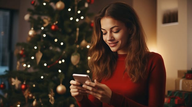 Young woman orders New Year gifts during Christmas holidays at home using smartphone and credit card.