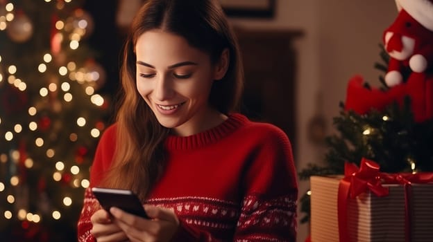 Young woman in a red sweater orders New Year's gifts during the Christmas holidays at home, using a smartphone and a credit card