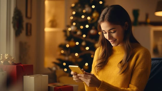 Young woman in yellow sweater orders New Year gifts during Christmas holidays at home using smartphone and credit card.