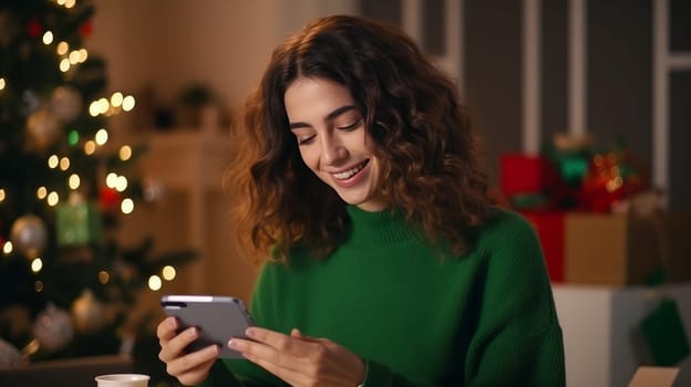 Young woman in green sweater orders New Year's gifts during Christmas holidays at home using smartphone and credit card.