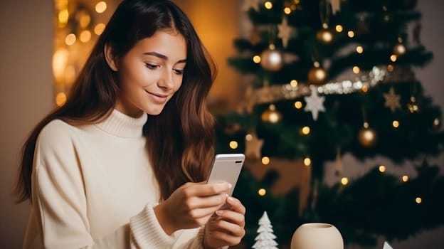 Young woman in a white sweater orders New Year's gifts during the Christmas holidays at home, using a smartphone and a credit card