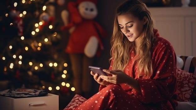 Young woman in pajamas in bed orders New Year's gifts during Christmas holidays at home using smartphone and credit card.