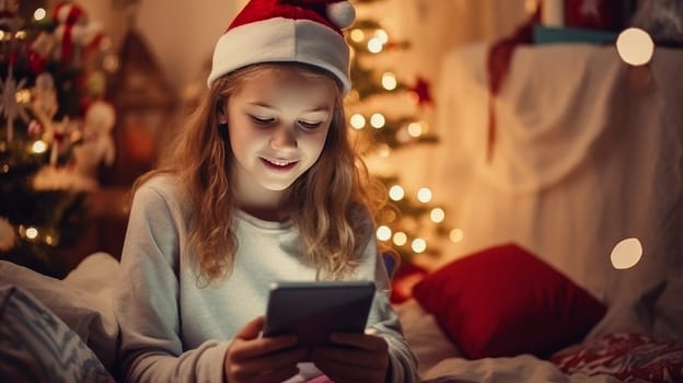 Young woman in a white sweater orders New Year's gifts during the Christmas holidays at home, using a smartphone and a credit card