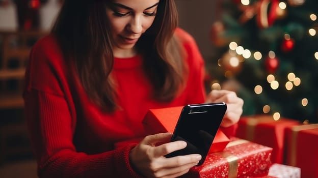 Young woman in a red sweater orders New Year's gifts during the Christmas holidays at home, using a smartphone and a credit card