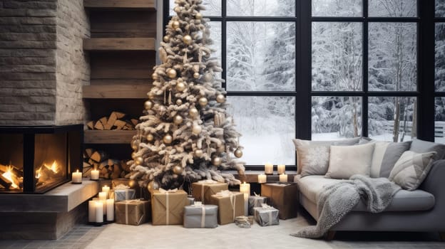 Spacious living room with a large Christmas tree and a bunch of Christmas gifts