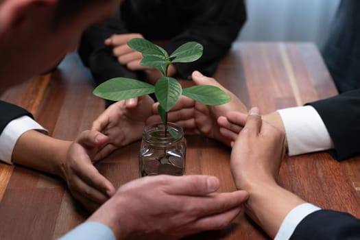 Business people holding money savings jar together in synergy filled with coin and growing plant for sustainable financial for retirement or eco subsidy investment for environment protection. Quaint