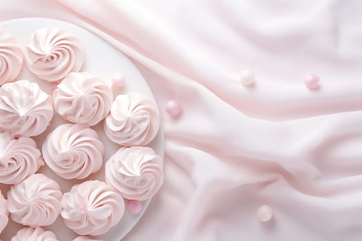 Small pink meringues in a white dish. Candy bar. Top view. Generated by artificial intelligence