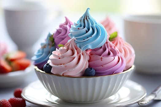 Small colorful meringues in a white dish. Candy bar. Generated by artificial intelligence