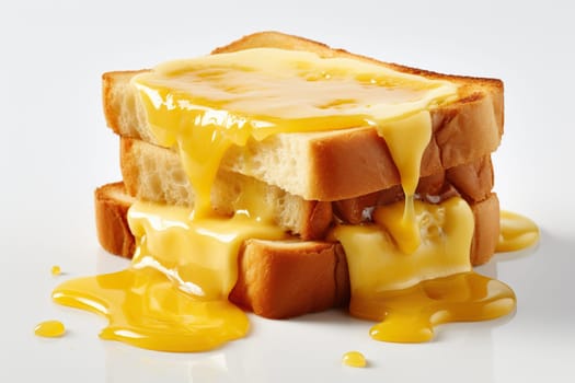 Toast with melted cheese on white background. Generated by artificial intelligence
