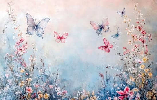 In watercolor style delicate butterflies in flight among flowering plants. Spring lightness and charm of nature. AI generated.