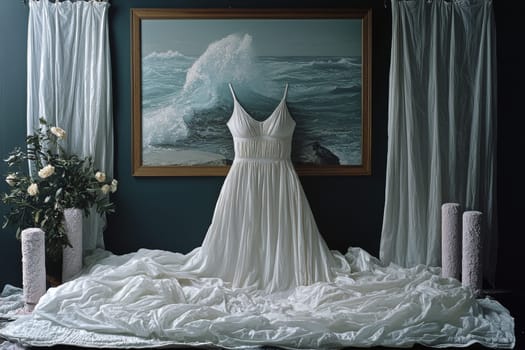 A white dress is showcased in a calm space with ocean-themed art and soft fabrics surrounding it.