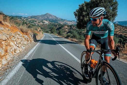 A cyclist pedals along a winding road surrounded by hills and olive trees, enjoying nature.