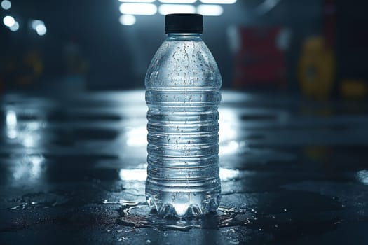 A clear water bottle stands upright on a wet surface, showcasing droplets and a moody backdrop.