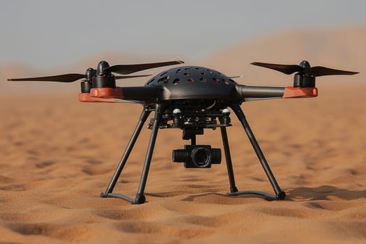 A drone sits on warm, golden sand, equipped with a camera ready for aerial photography.