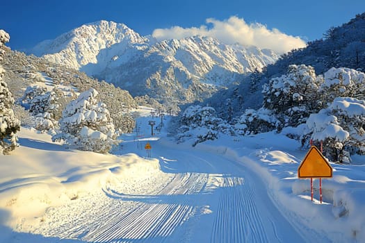Beautiful snowy mountain backdrop with a ski slope and bright blue skies above.