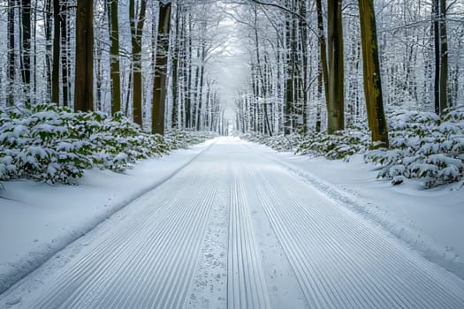 Snow-covered path winds through tall trees in a tranquil winter forest.