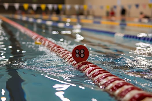 Brightly colored swim lane marked 88 awaits competitors in an indoor pool setting.